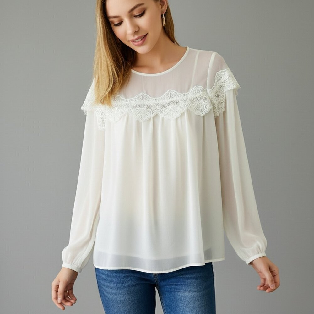NWT Abercrombie & Fitch Cream Ivory Sheer Long Sleeve Peasant Blouse Size XS
